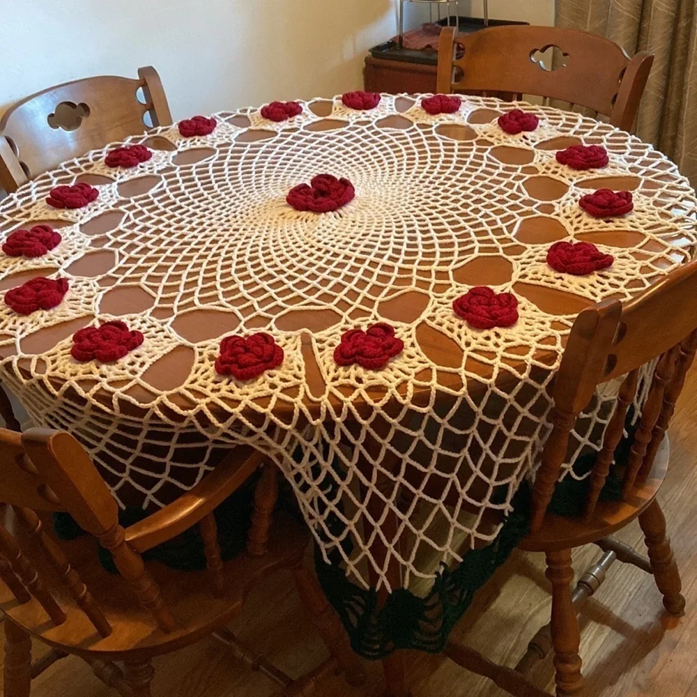 Vintage Handmade Crochet 3D Roses on Open Stitch Table Cover Round Burgundy